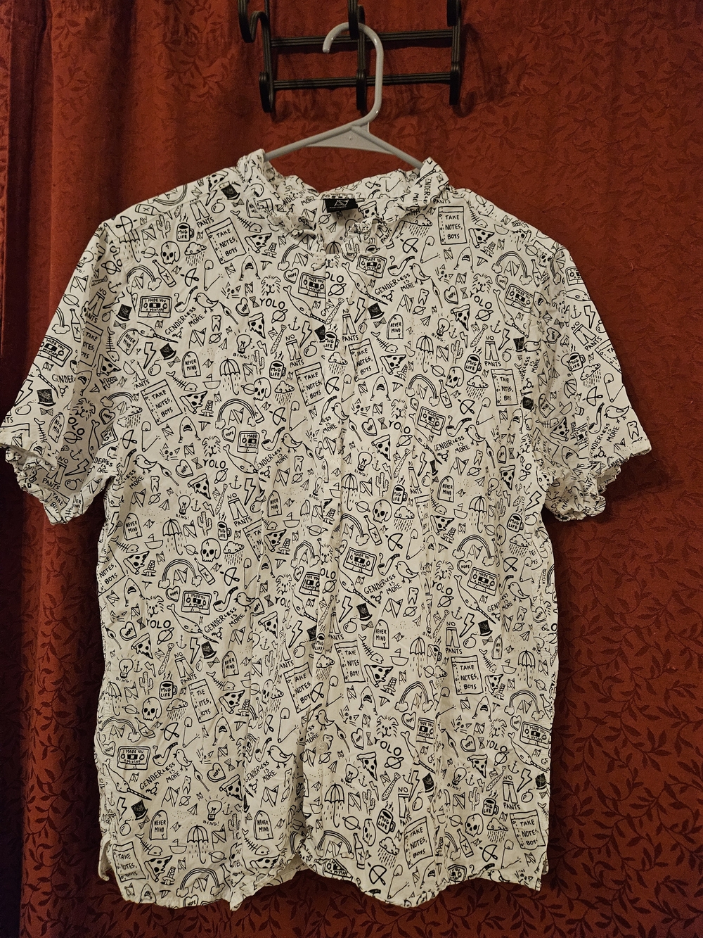 Androgynous Fox Stick n Poke Button Up Shirt XXL Short Sleeve Gender Neutral